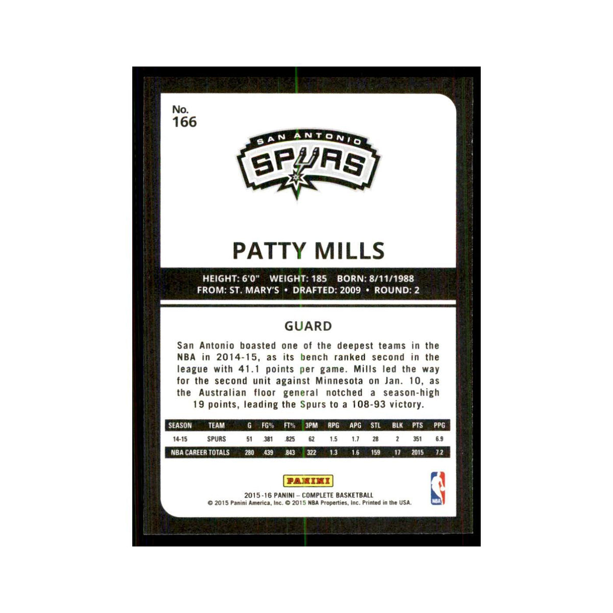 2015 Panini Complete Patty Mills Spurs #166