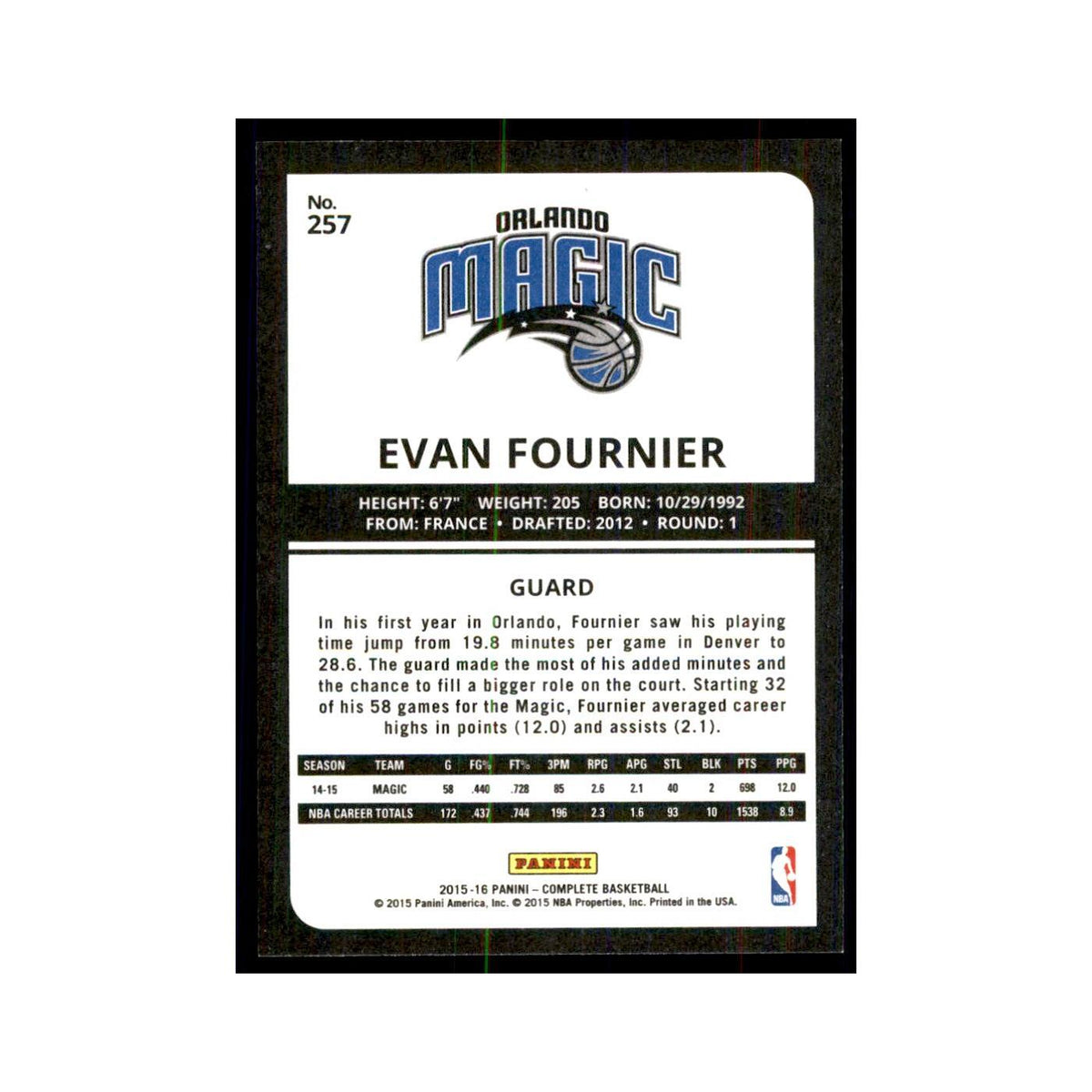 2015 Panini Complete Evan Fournier Magic #257