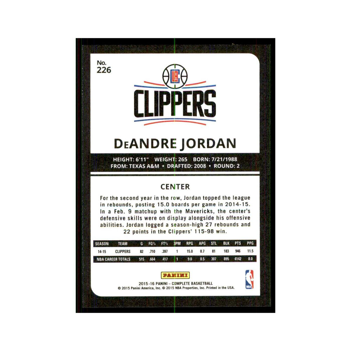 2015 Panini Complete DeAndre Jordan Clippers #226