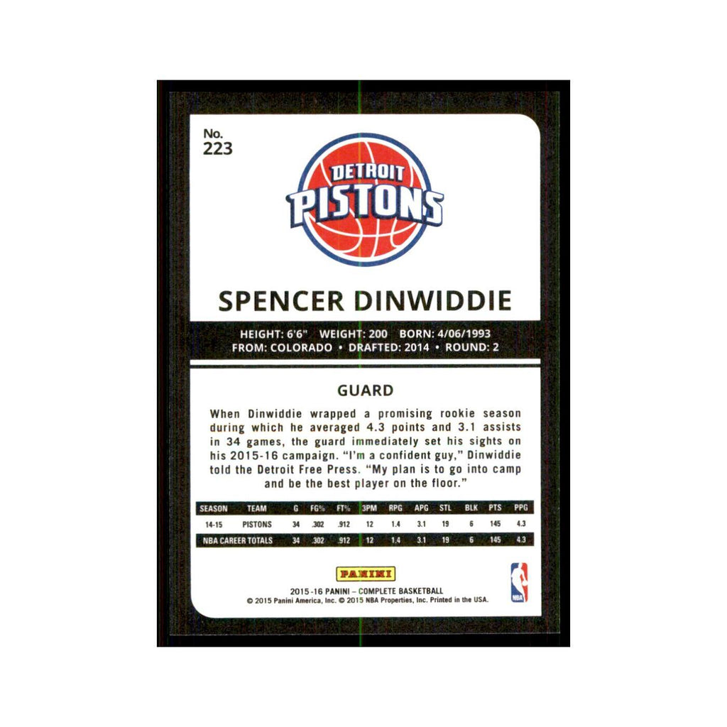 2015 Panini Complete Spencer Dinwiddie Pistons #223