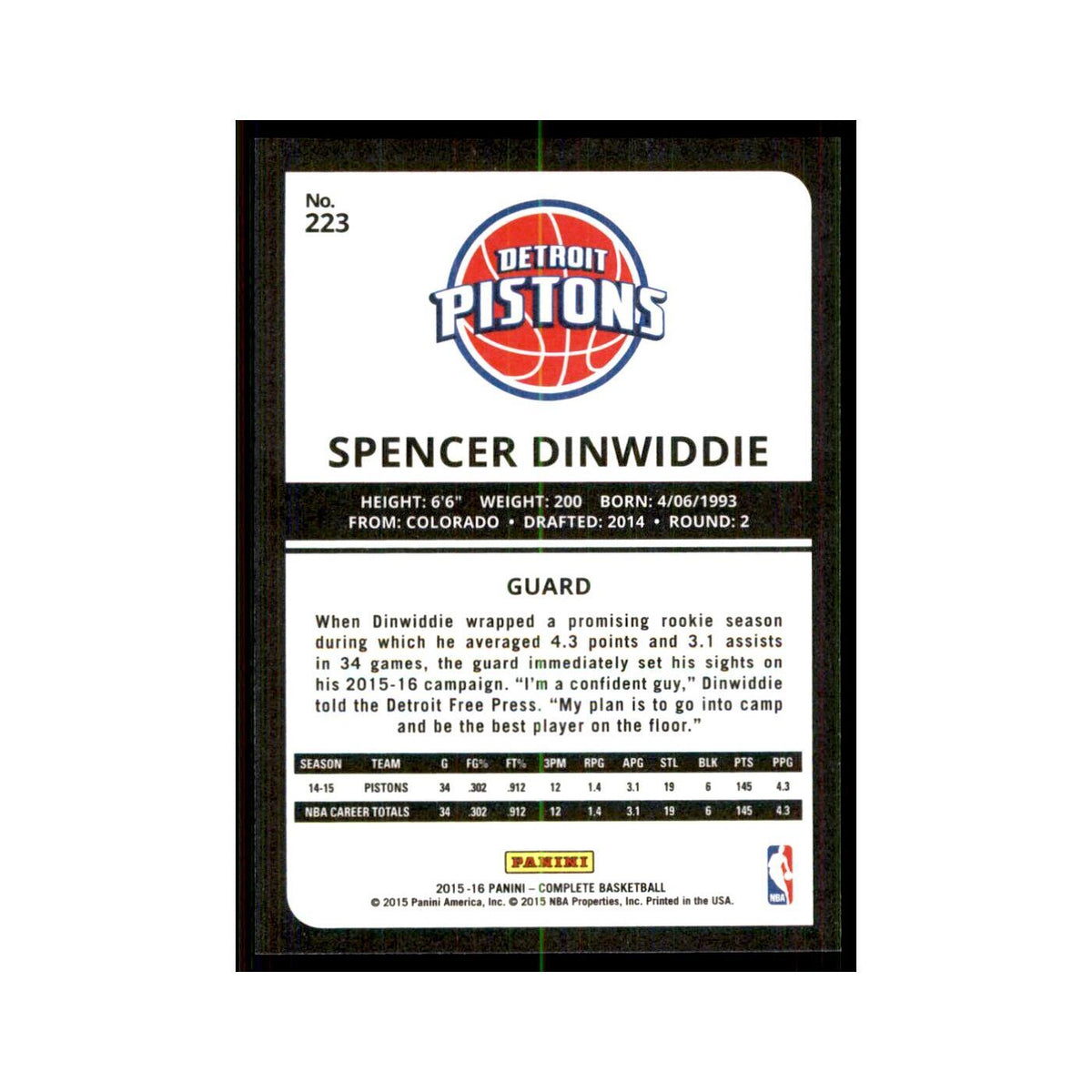 2015 Panini Complete Spencer Dinwiddie Pistons #223