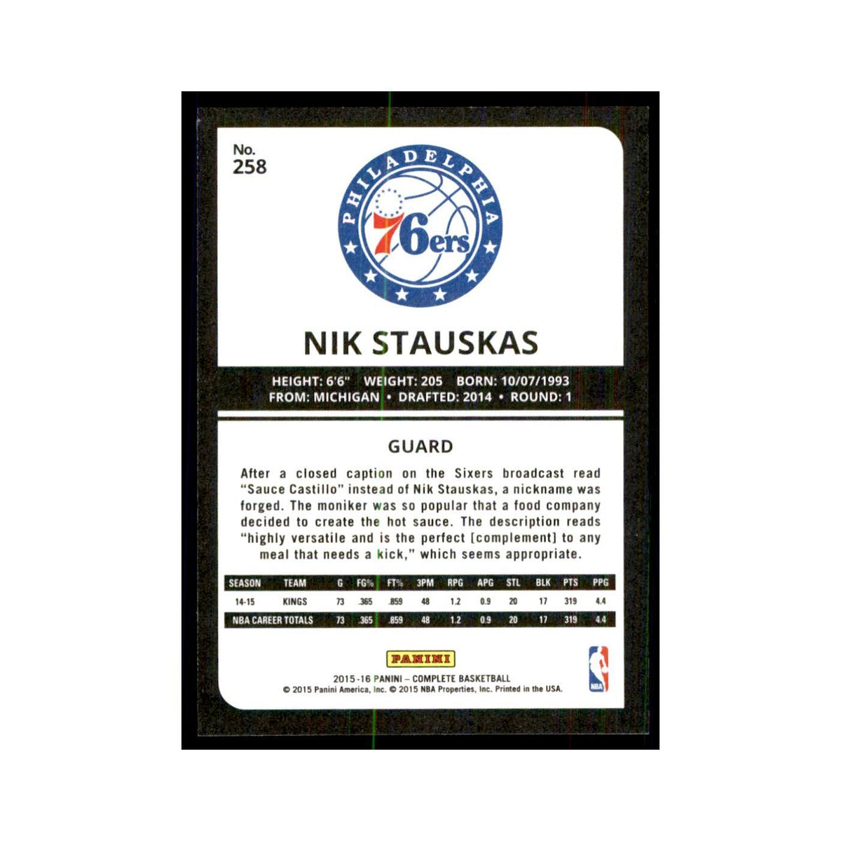 2015 Panini Complete Nik Stauskas 76ers #258