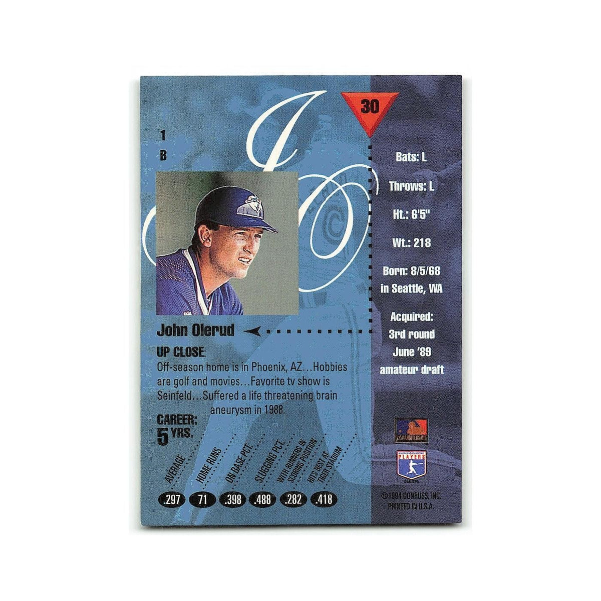 John Olerud 1994 Studio #30 Toronto Blue Jays Baseball Card NM