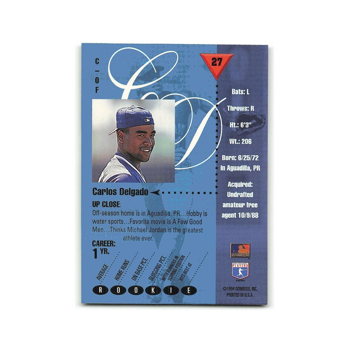 Carlos Delgado 1994 Studio #27 Toronto Blue Jays Baseball Card NM