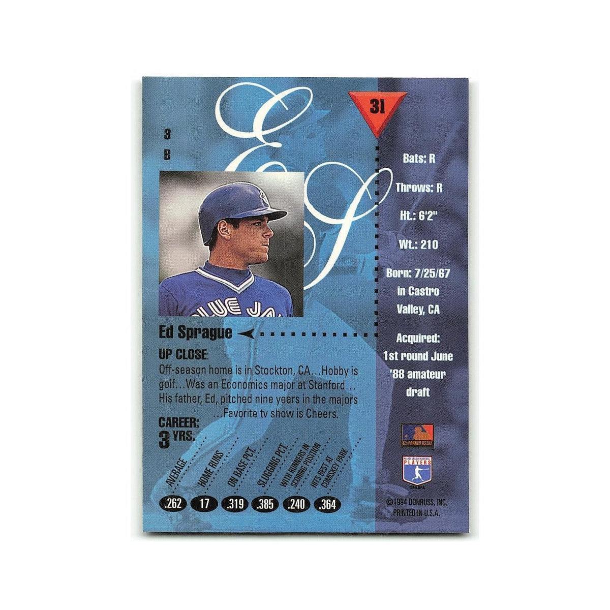 Ed Sprague 1994 Studio #31 Toronto Blue Jays Baseball Card NM