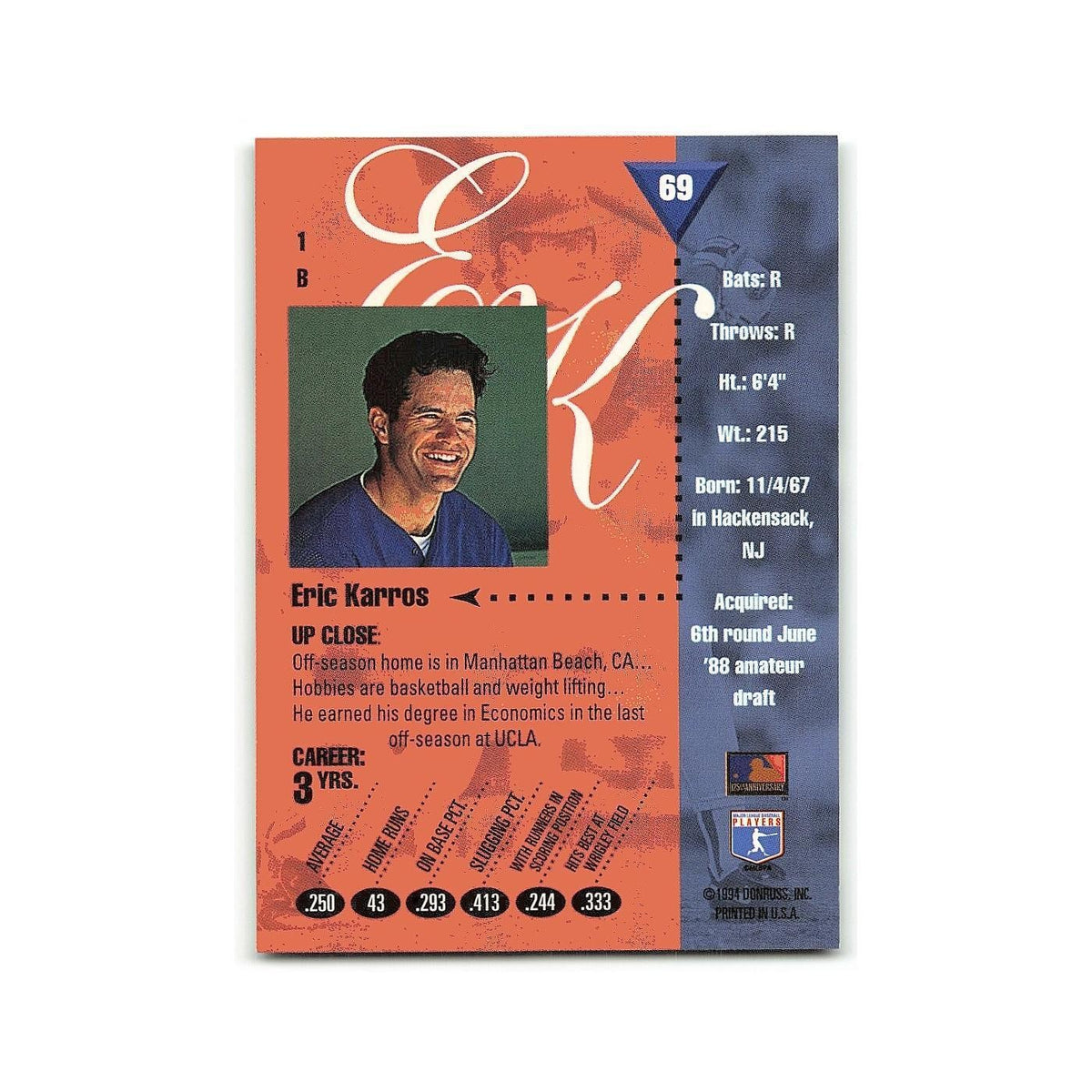 Eric Karros 1994 Studio #69 Los Angeles Dodgers Baseball Card NM