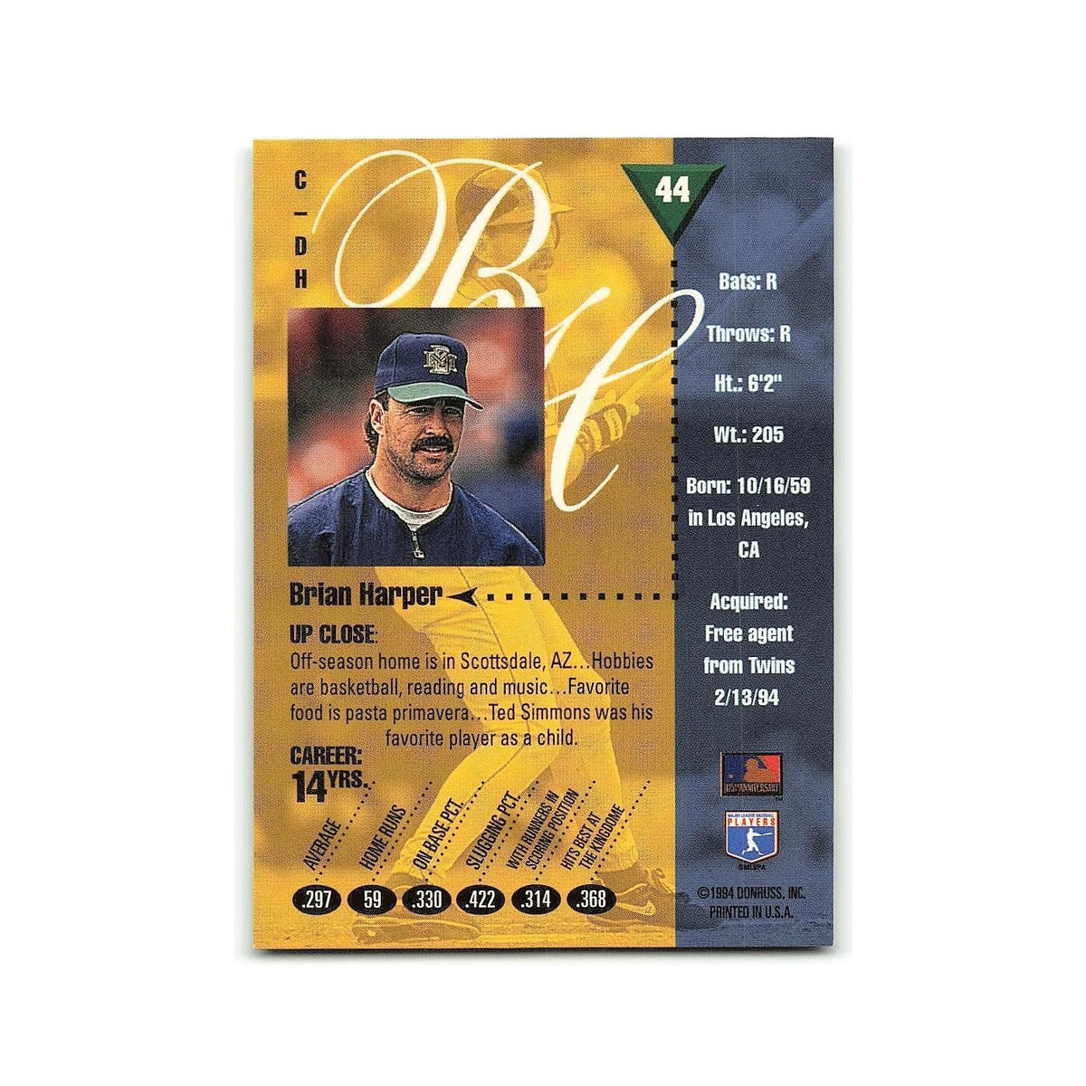 Brian Harper 1994 Studio #44 Milwaukee Brewers Baseball Card NM