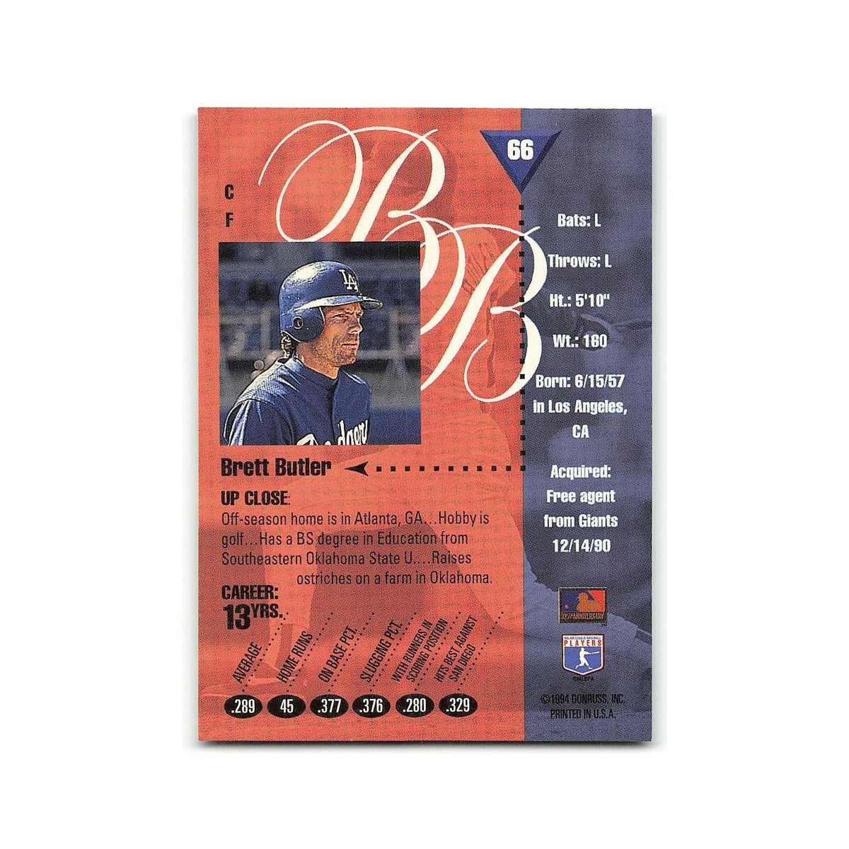 Brett Butler 1994 Studio #66 Los Angeles Dodgers Baseball Card NM