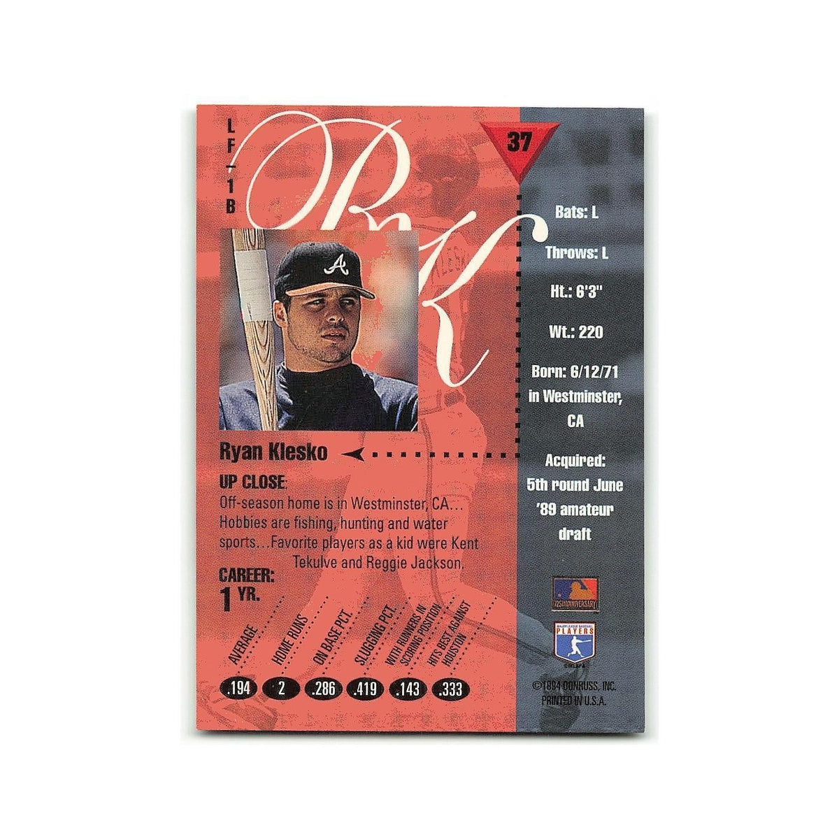 Ryan Klesko 1994 Studio #37 Atlanta Braves Baseball Card NM
