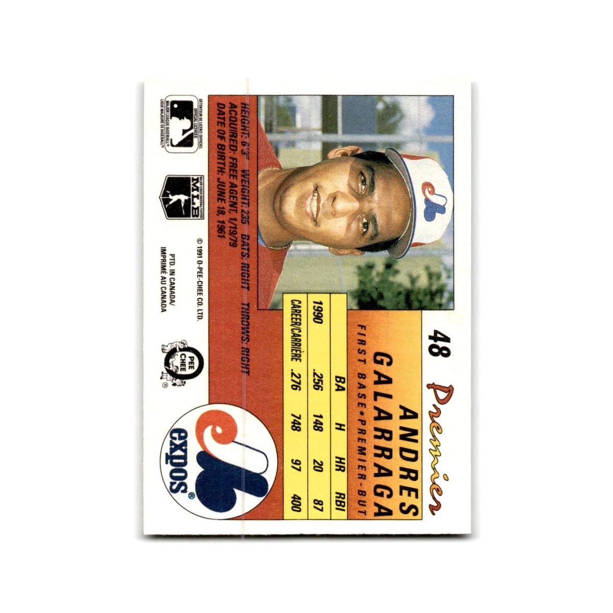 1991 O-Pee-Chee Premier Andres Galarraga Montreal Expos #48
