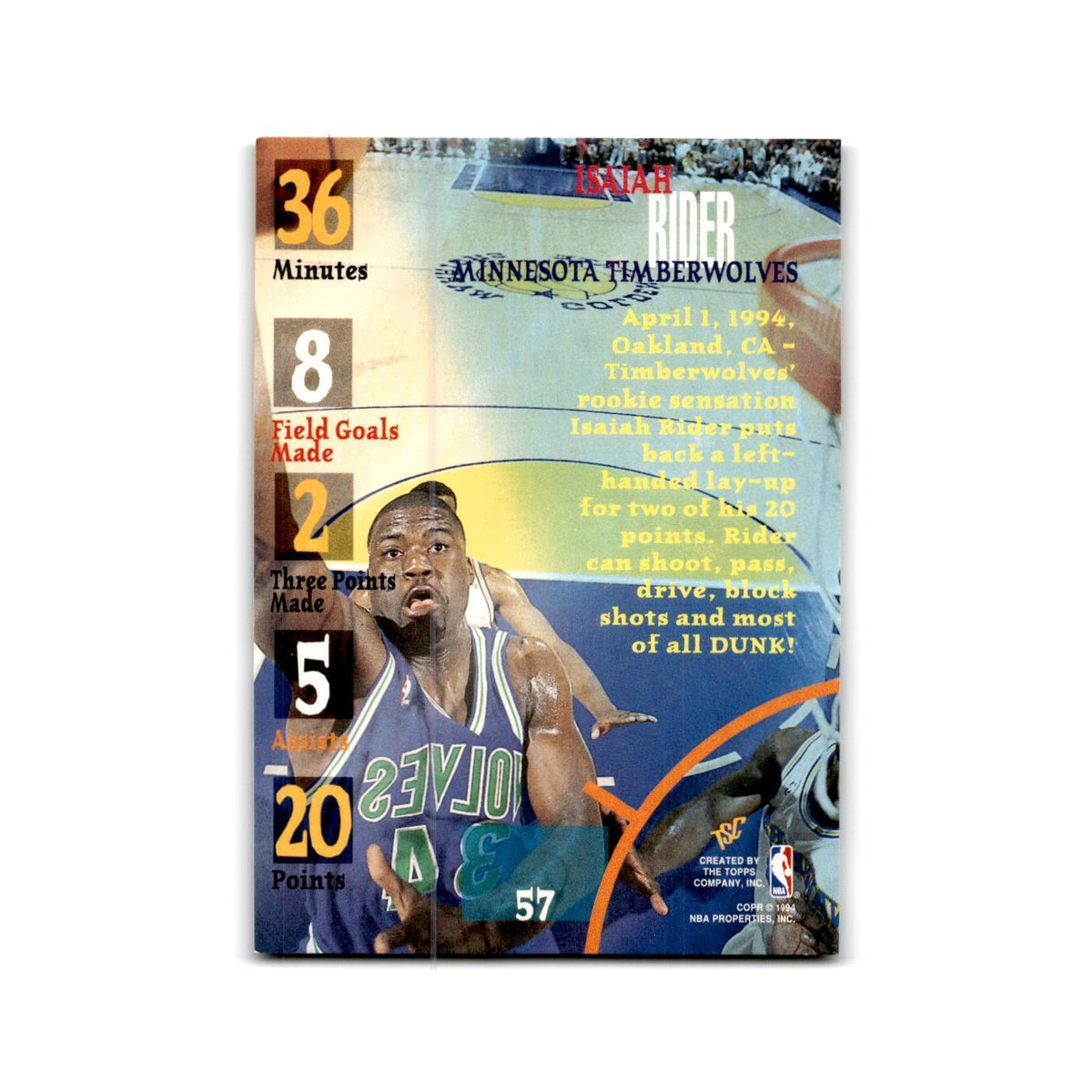 1994 Topps Stadium Club Isaiah Rider Timberwolves #36