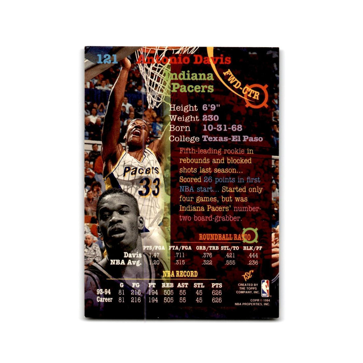 1994 Topps Stadium Club Antonio Davis Pacers #121