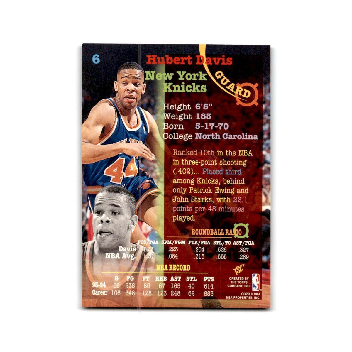 1994 Topps Stadium Club Hubert Davis Knicks #6