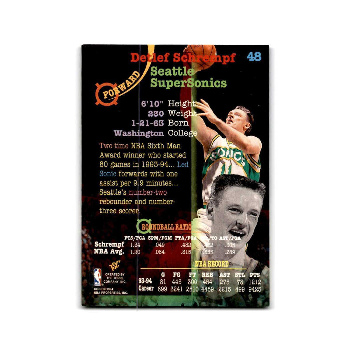 1994 Topps Stadium Club Detlef Schrempf Seattle SuperSonics #48