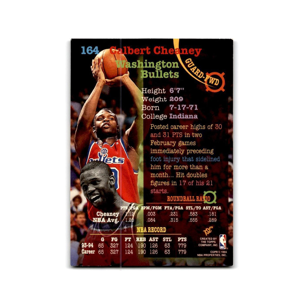 1994 Topps Stadium Club Calbert Cheaney Washington Bullets #164