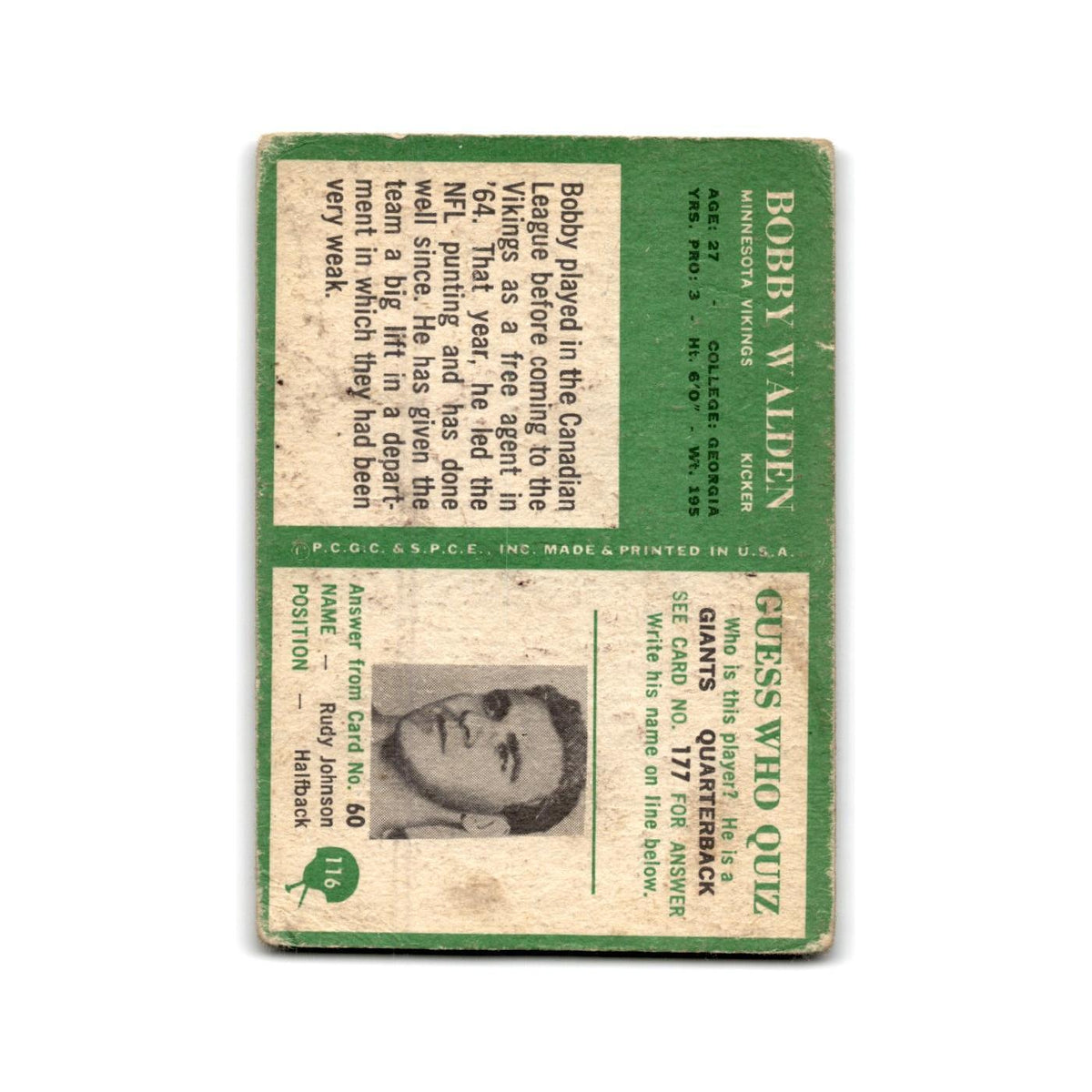 1966 Philadelphia Bobby Walden RC Vikings #116