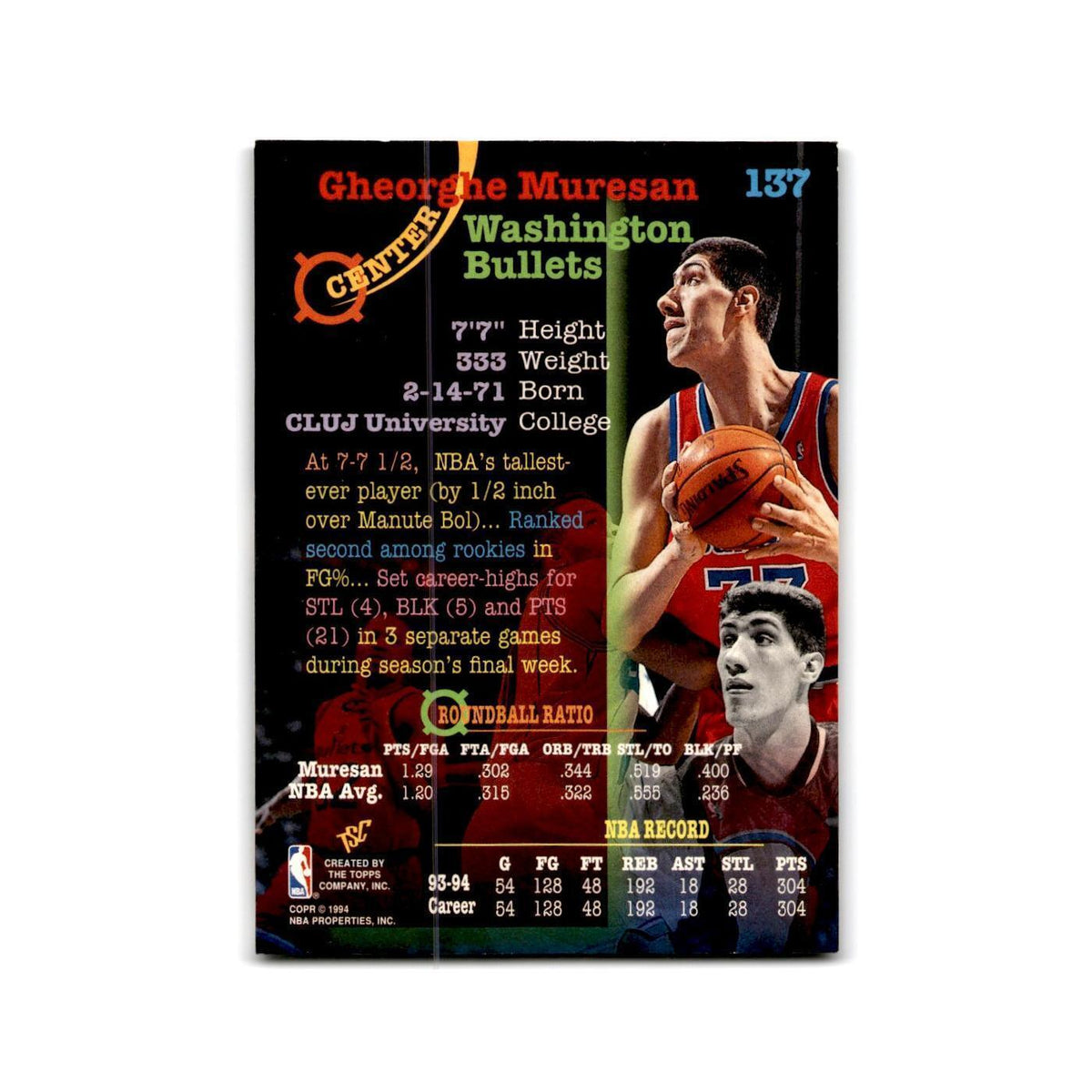 1994 Topps Stadium Club Gheorghe Muresan Washington Bullets #137