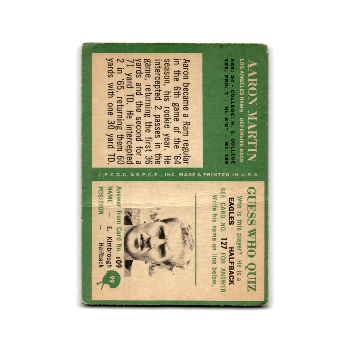 1966 Philadelphia Aaron Martin Rams #99