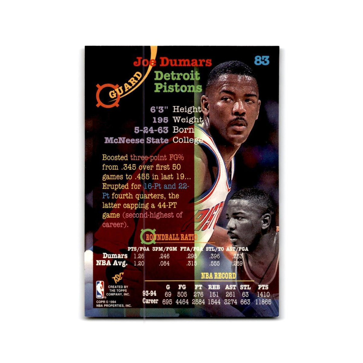 1994 Topps Stadium Club Joe Dumars Pistons #83