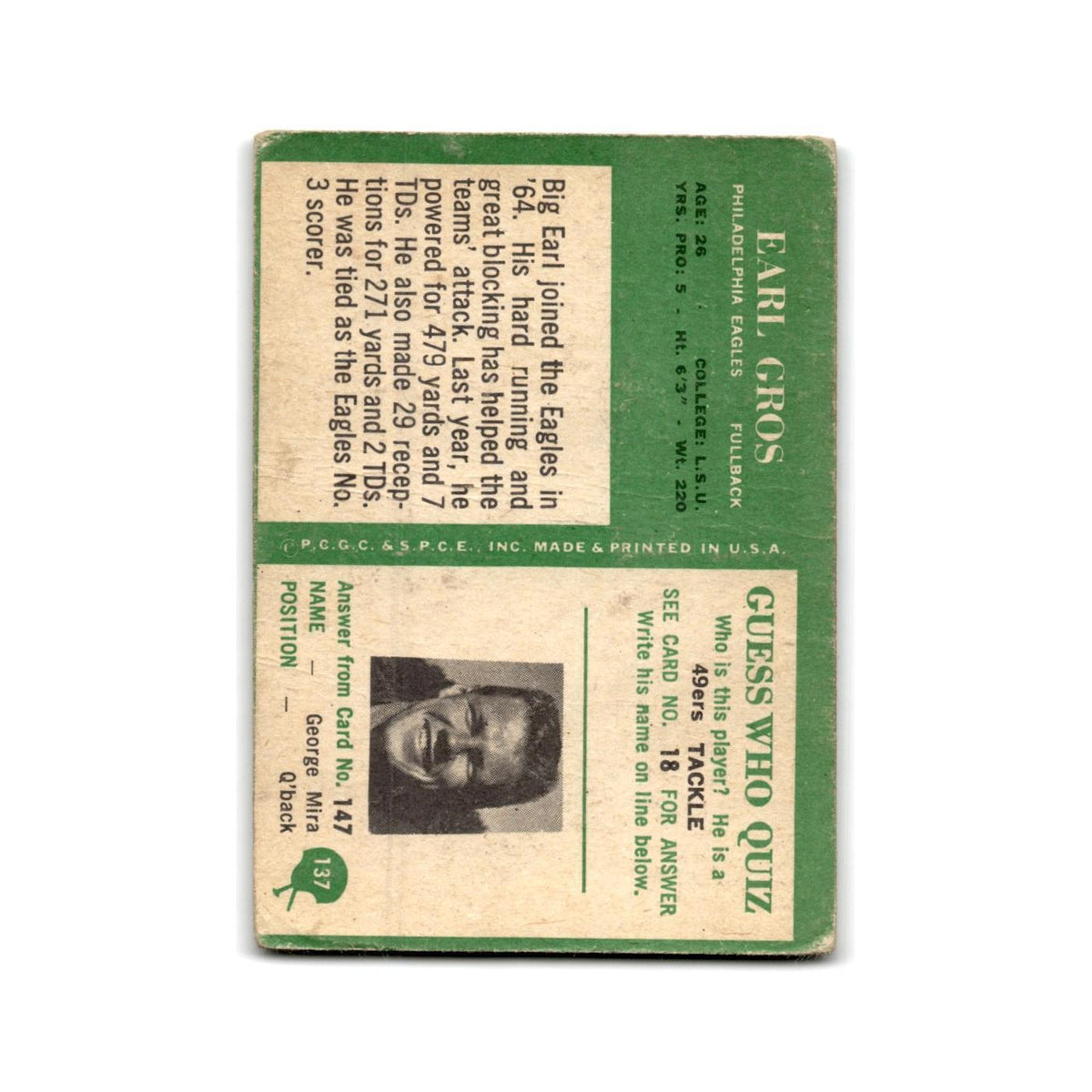 1966 Philadelphia Earl Gros Eagles #137