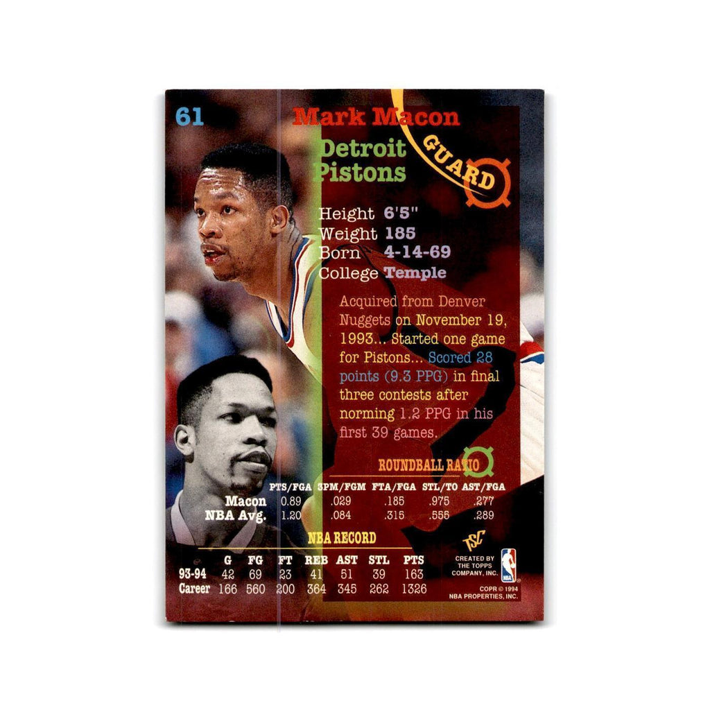 1994 Topps Stadium Club Mark Macon Pistons #61