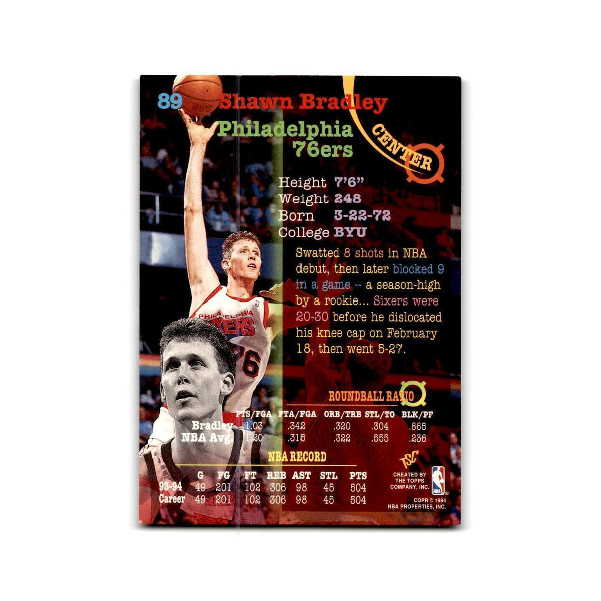 1994 Topps Stadium Club Shawn Bradley 76ers #89