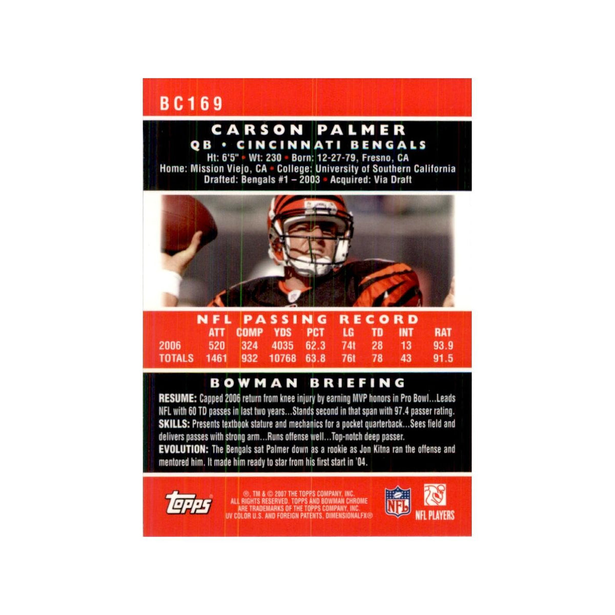 2007 Bowman Chrome Carson Palmer Football Cards #BC169