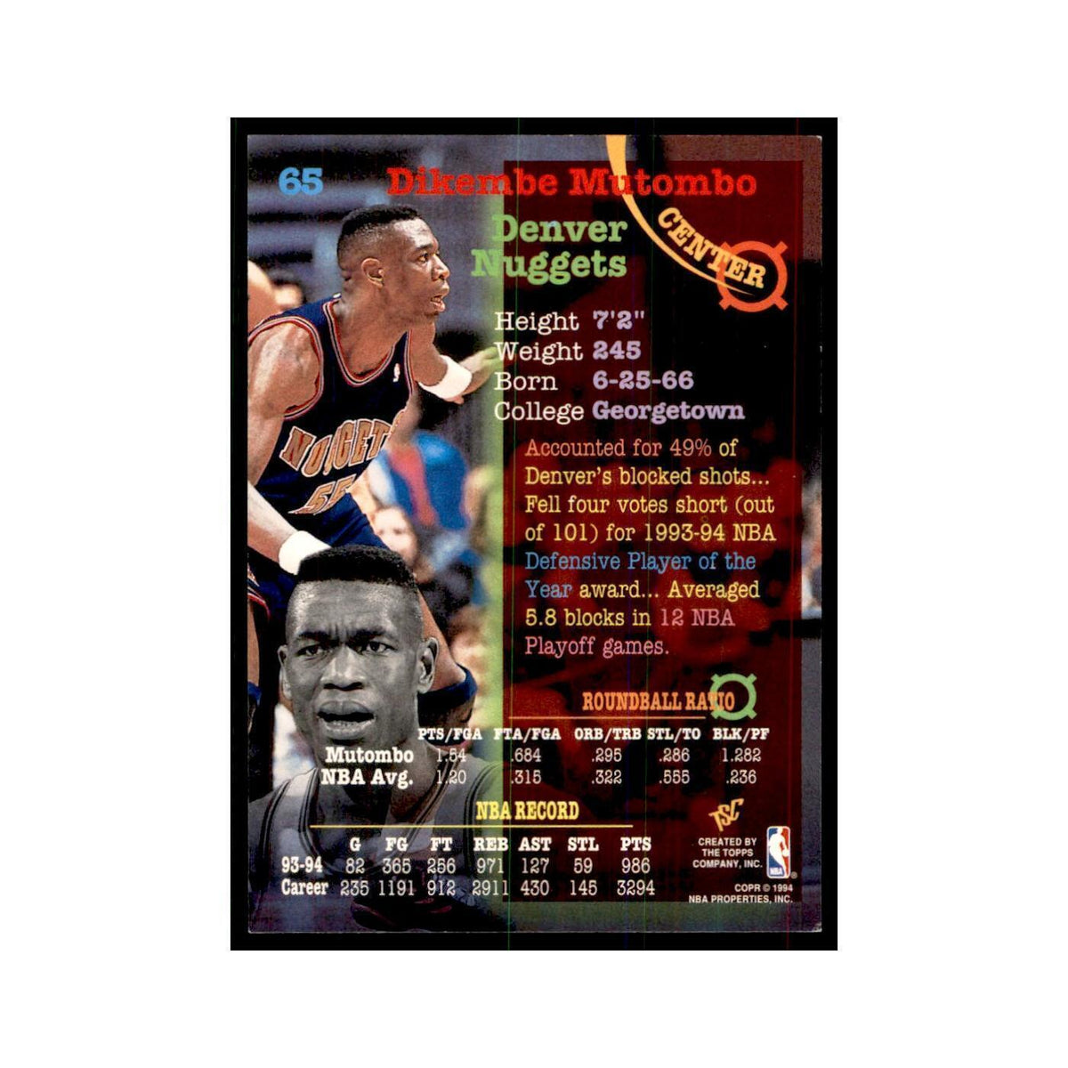 1994 Stadium Club Dikembe Mutombo Basketball Cards #65