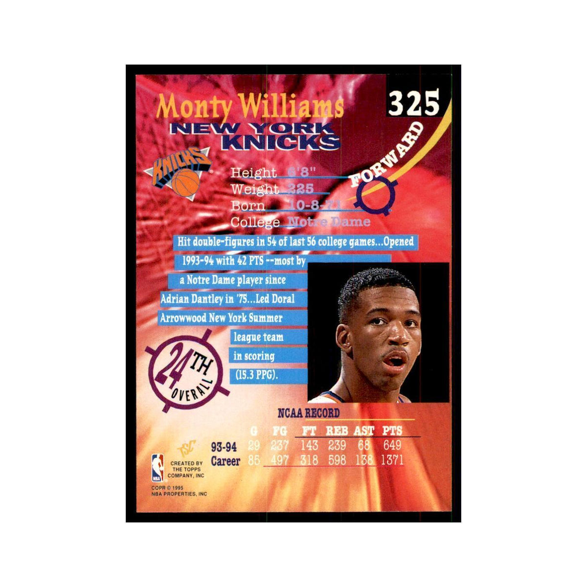 1994 Stadium Club Monty Williams Basketball Cards #325