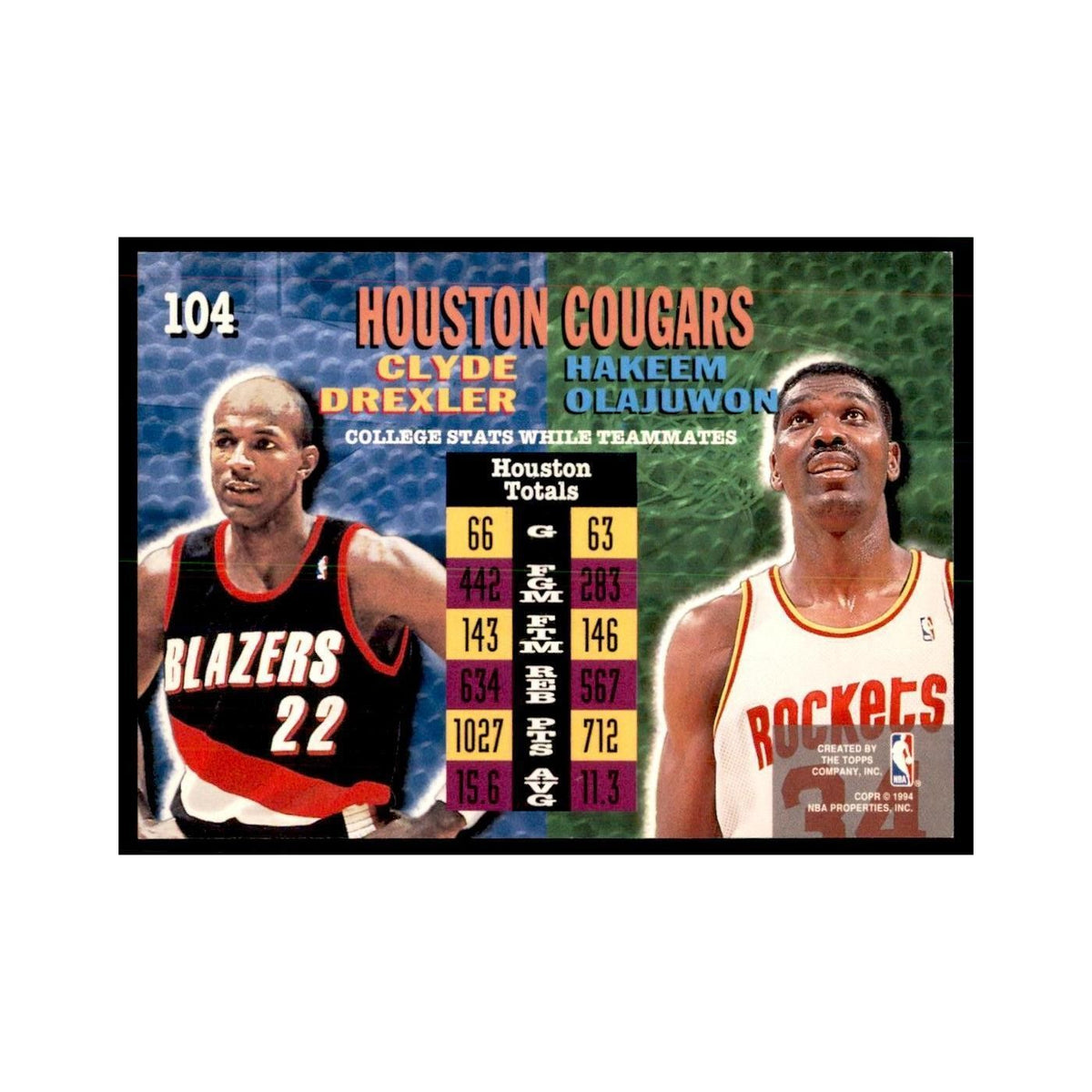 1994 Stadium Club Hakeem Olajuwon/Clyde Drexler Basketball Cards #104