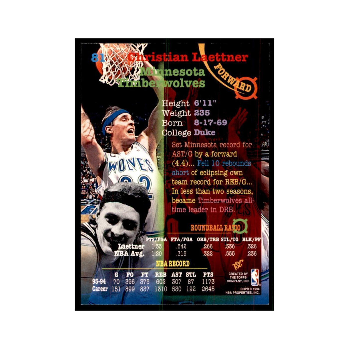 1994 Stadium Club Christian Laettner Basketball Cards #81
