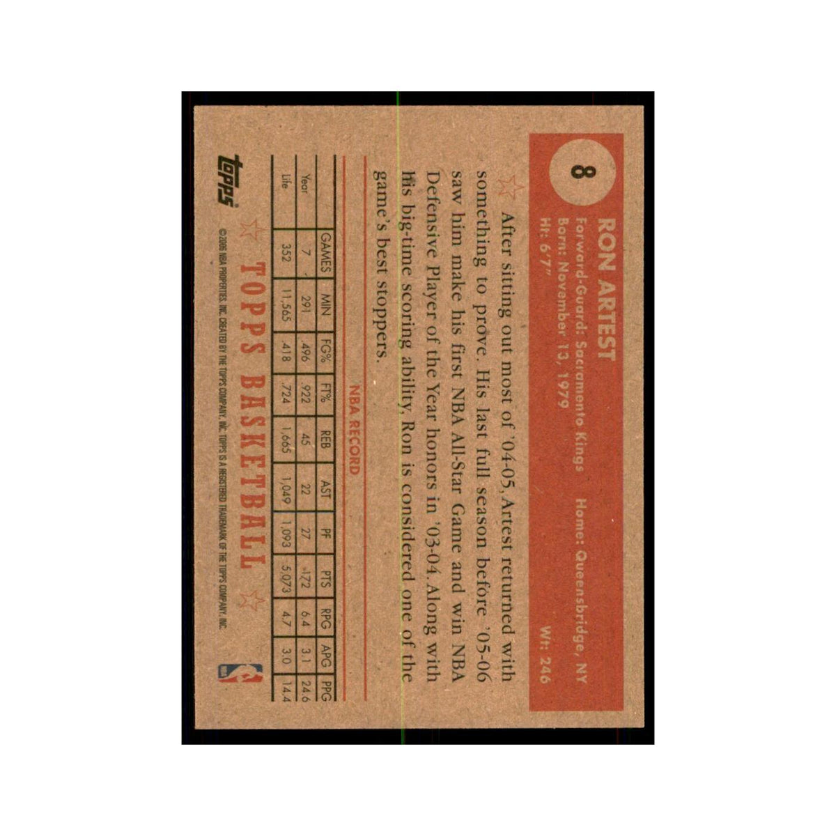 2006 Topps 1952 Style Ron Artest Kings #8