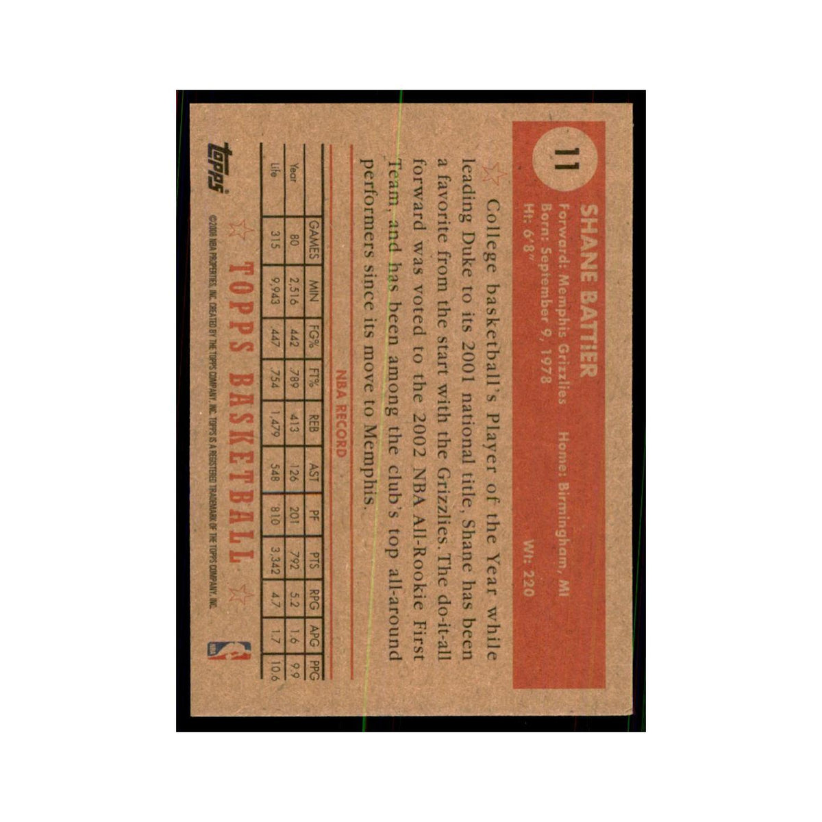 2005 Topps 1952 Style Shane Battier Grizzlies #11