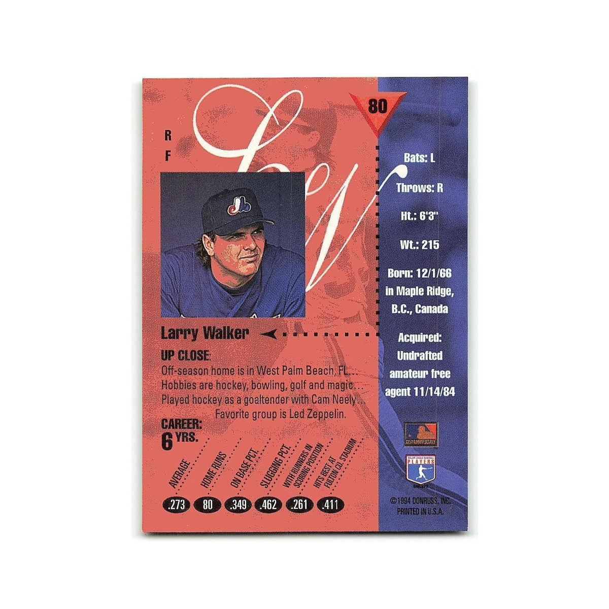 Larry Walker 1994 Studio #80 Montreal Expos Baseball Card NM