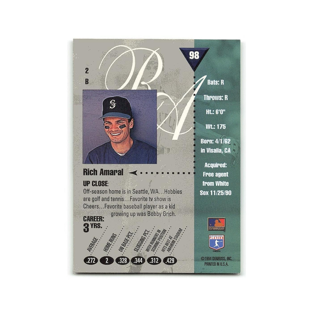 Rich Amaral 1994 Studio #98 Seattle Mariners Baseball Card NM