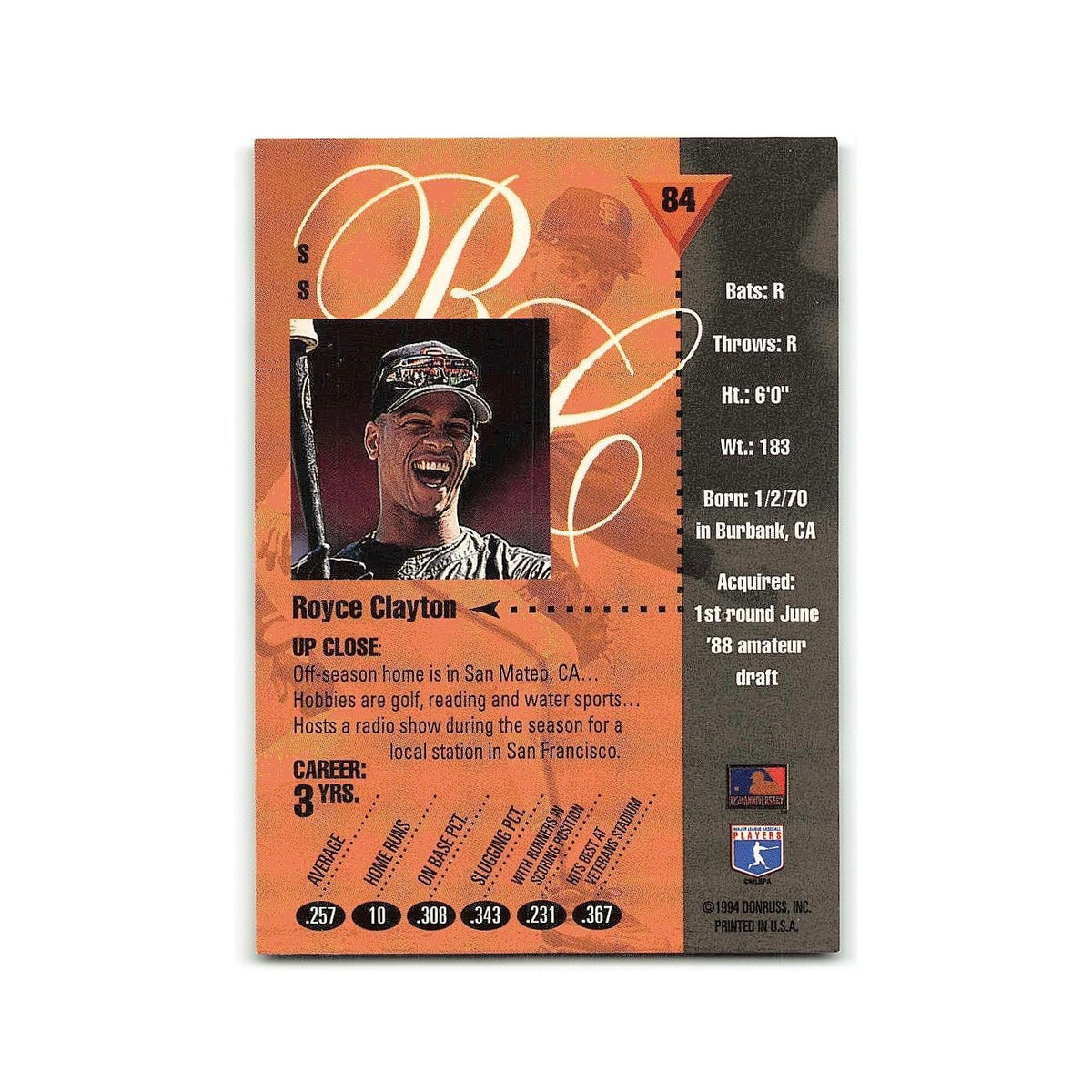 Royce Clayton 1994 Studio #84 San Francisco Giants Baseball Card NM