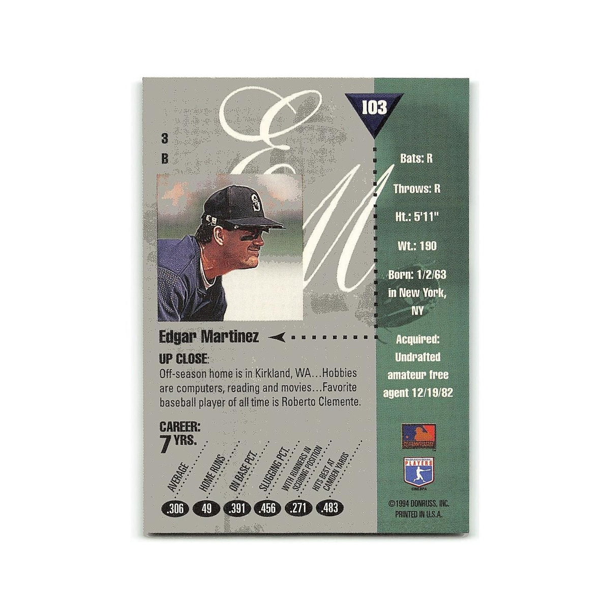 Edgar Martinez 1994 Studio #103 Seattle Mariners Baseball Card NM