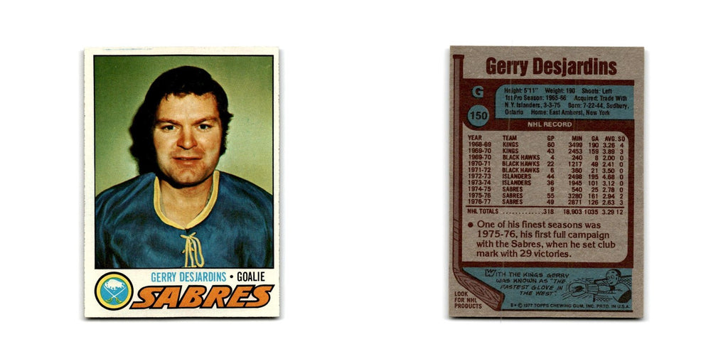 1977 Topps Gerry Desjardins Buffalo Sabres #150