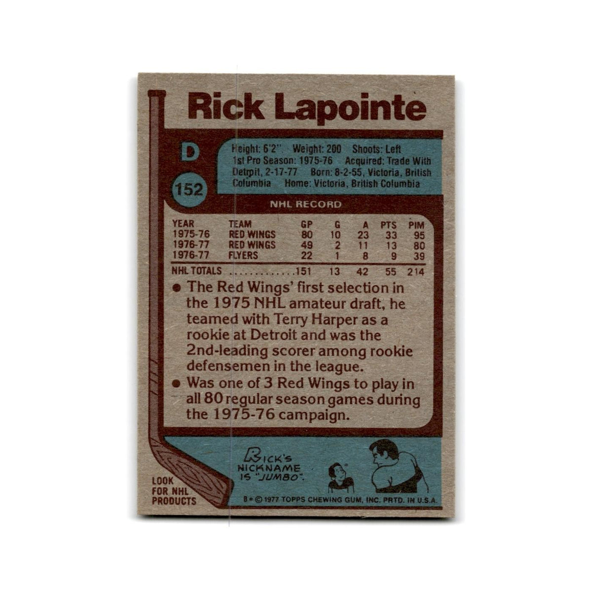 1977 Topps Rick Lapointe Philadelphia Flyers #152