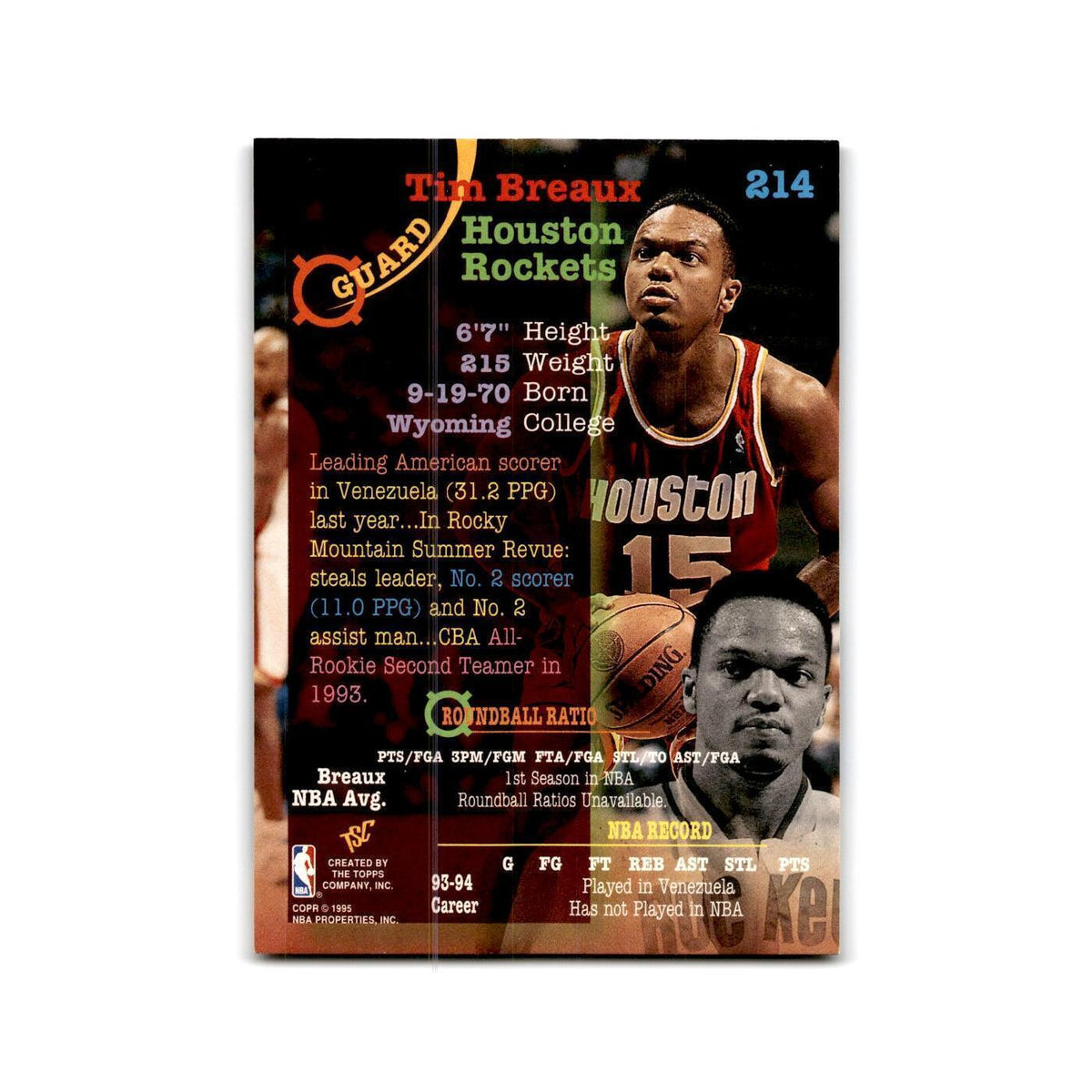 1994 Topps Stadium Club Tim Breaux Rockets #214