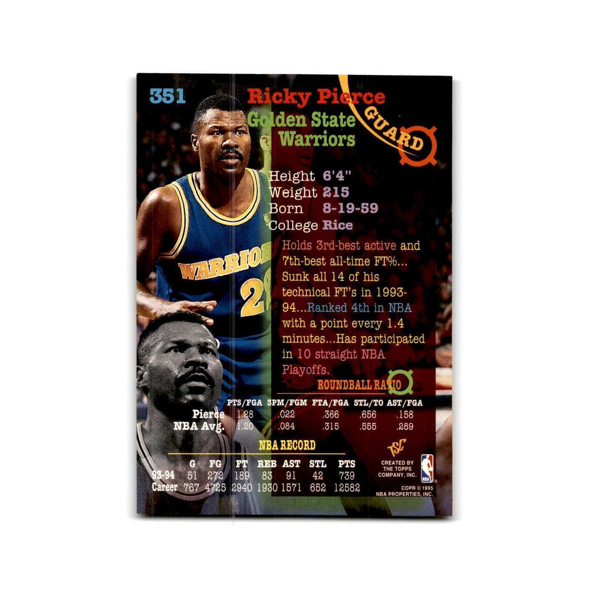 1994 Topps Stadium Club Ricky Pierce Golden State Warriors #351