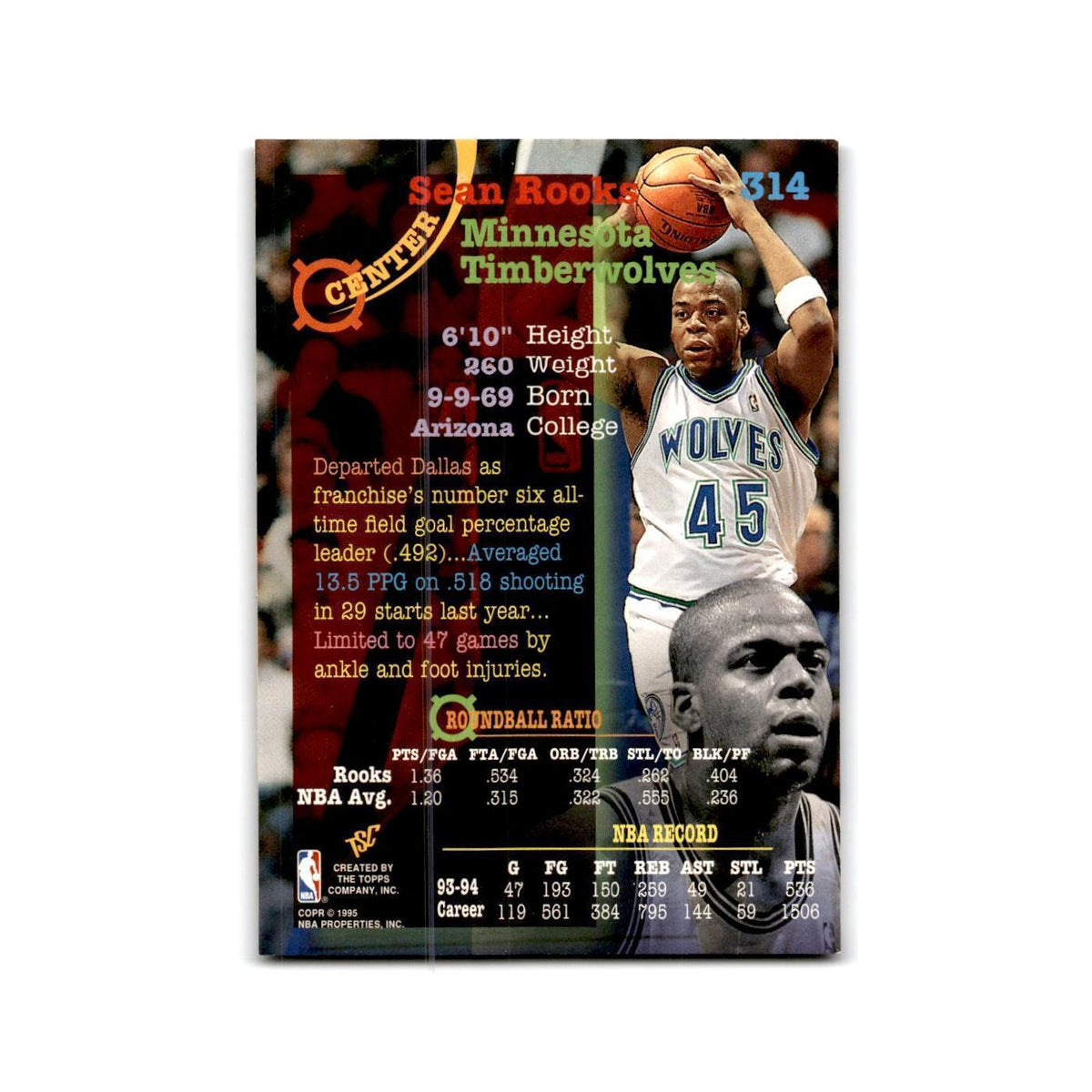 1994 Topps Stadium Club Sean Rooks Timberwolves #314