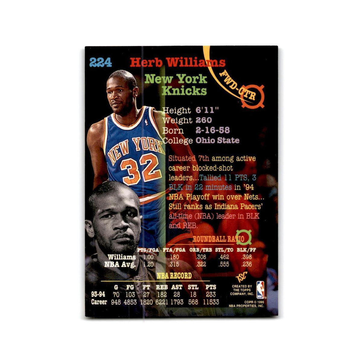 1994 Topps Stadium Club Herb Williams Knicks #224