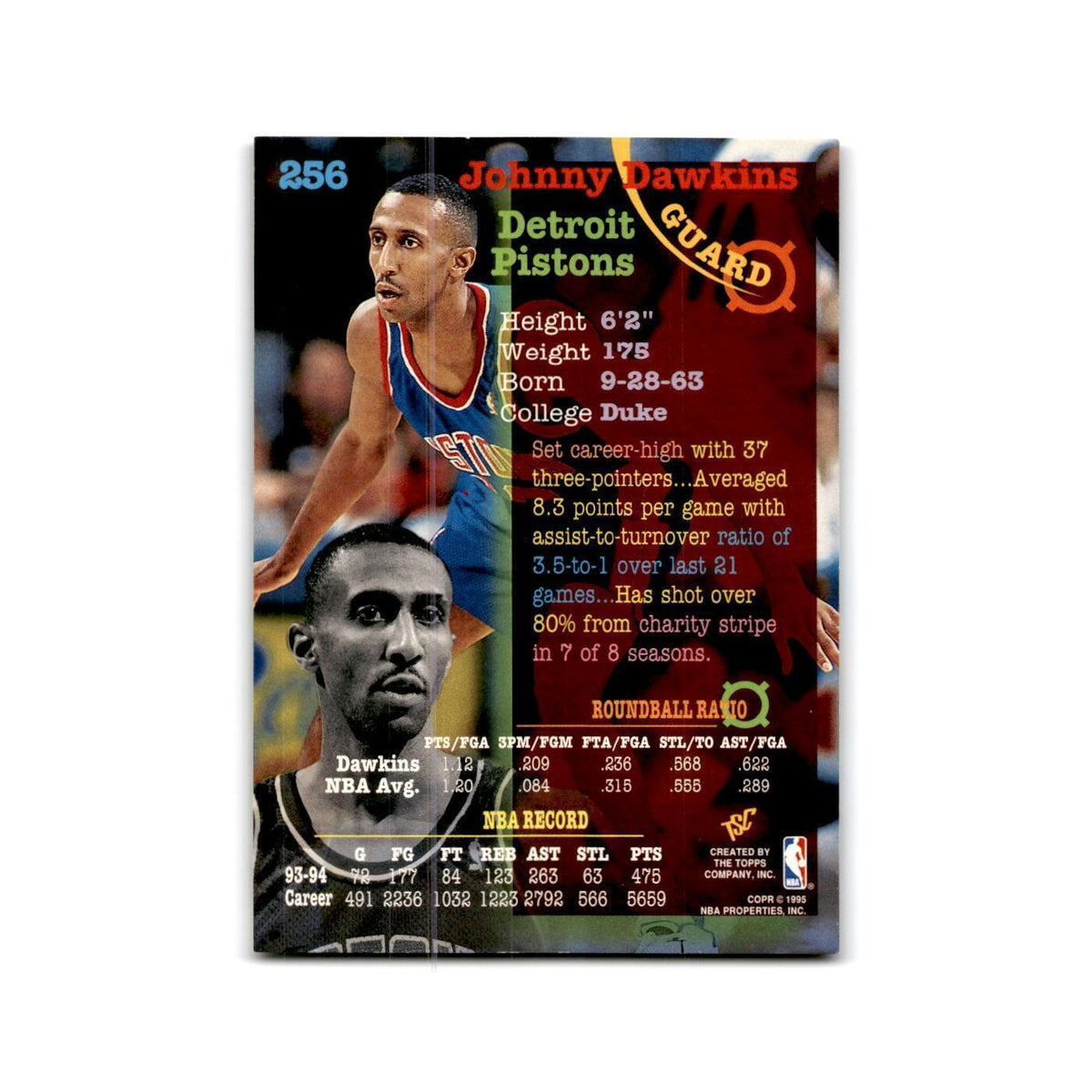 1994 Topps Stadium Club Johnny Dawkins Pistons #256