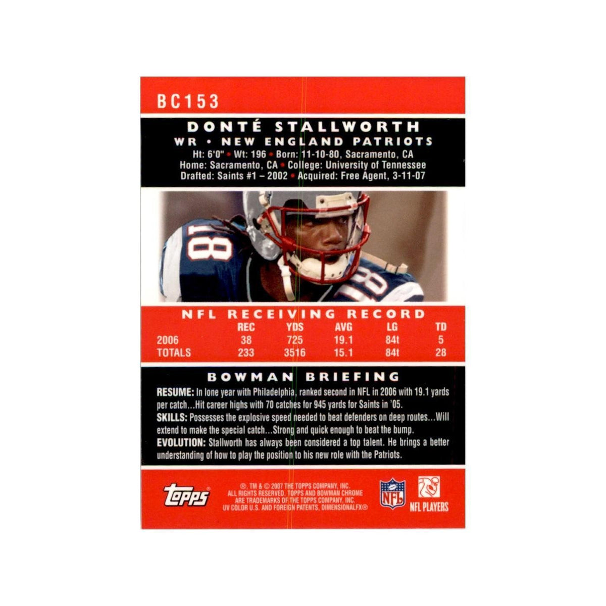 2007 Bowman Chrome Donte Stallworth Football Cards #BC153