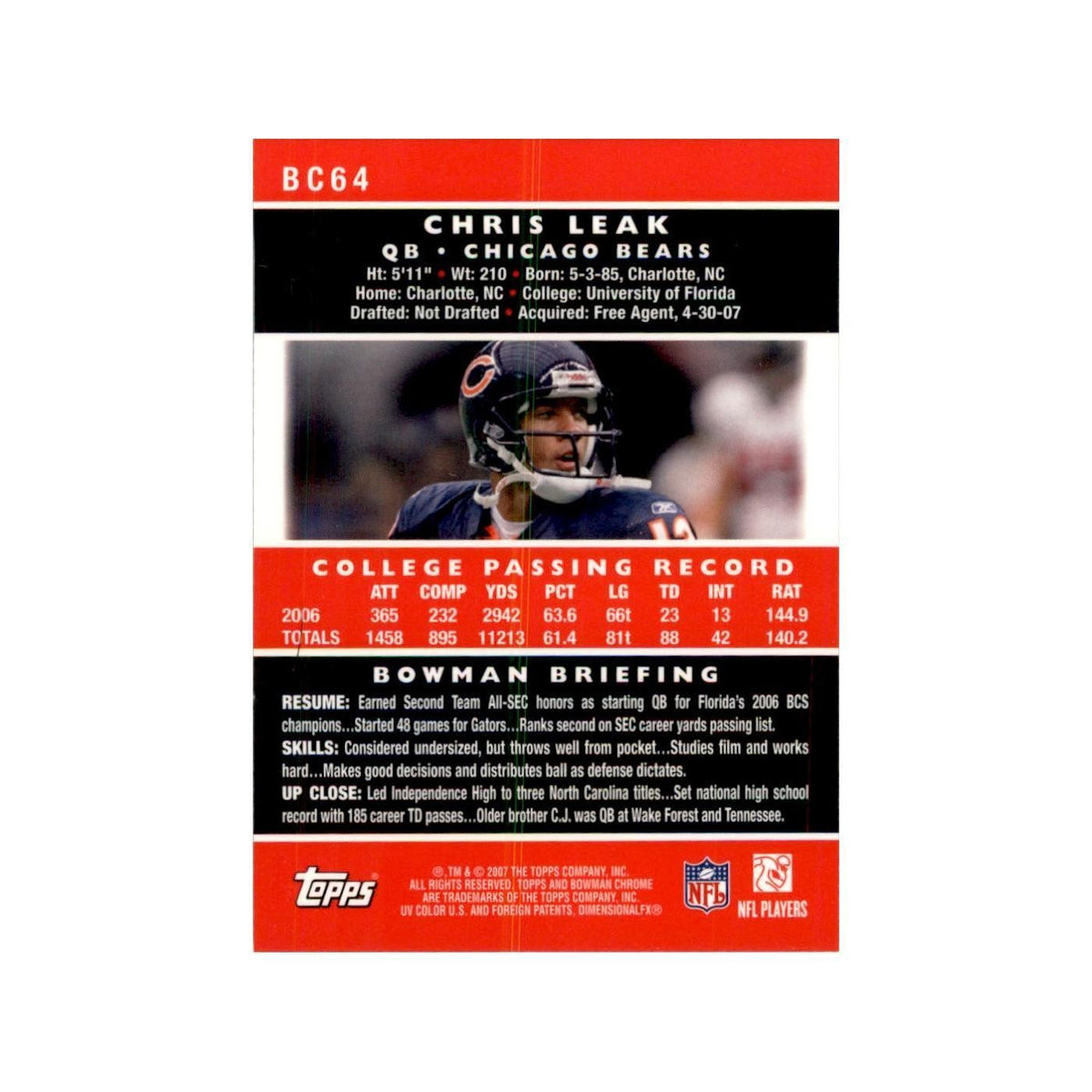 2007 Bowman Chrome Chris Leak Football Cards #BC64