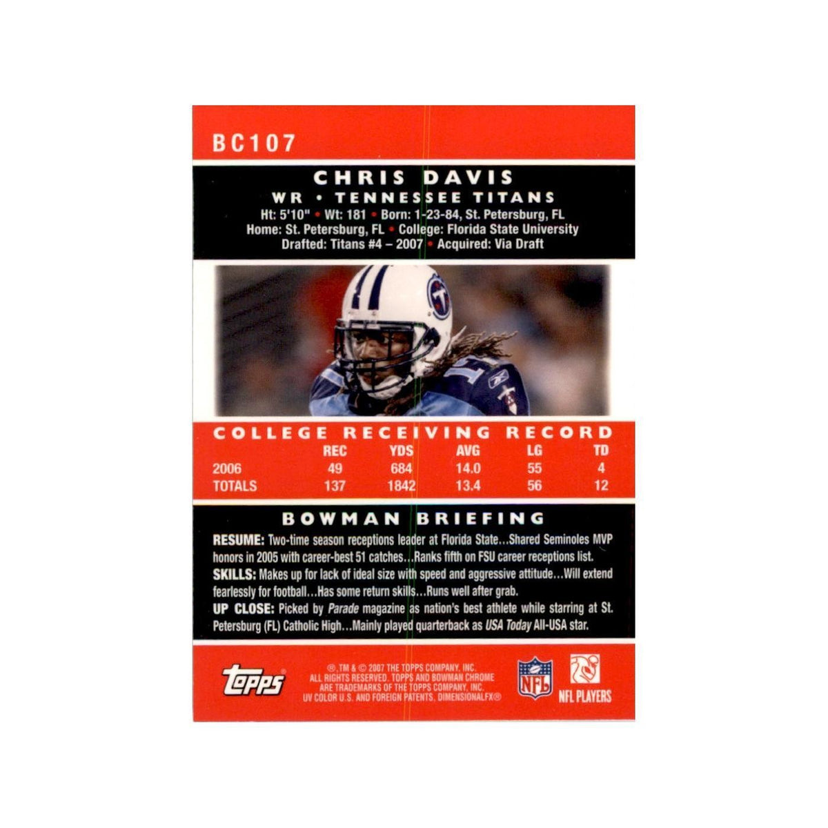 2007 Bowman Chrome Chris Davis Football Cards #BC107
