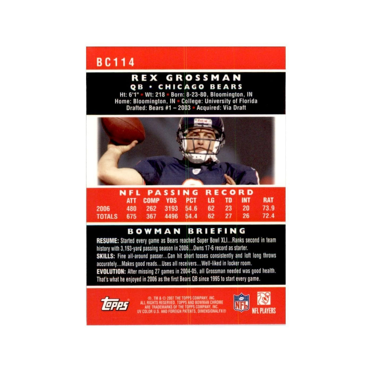 2007 Bowman Chrome Rex Grossman Football Cards #BC114
