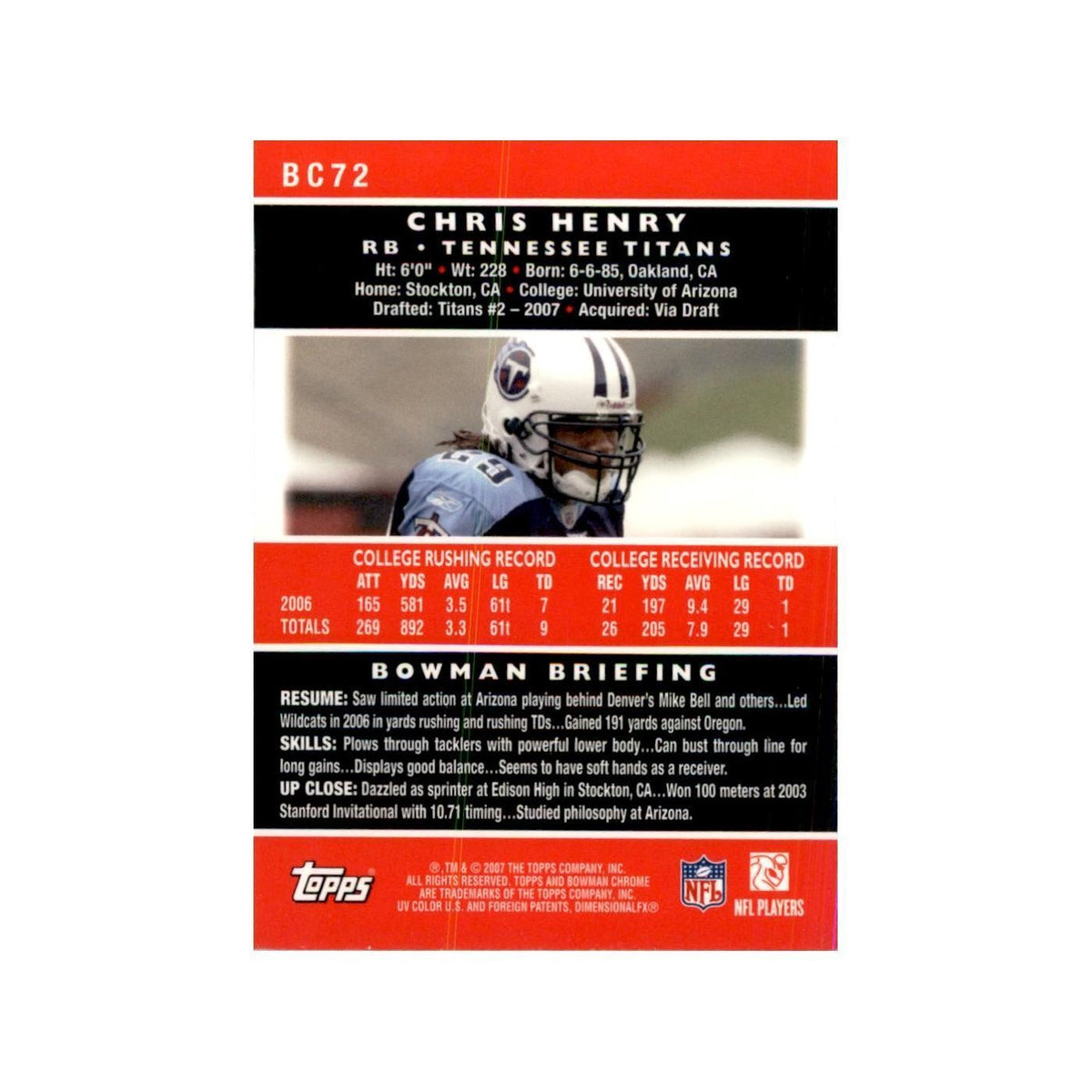 2007 Bowman Chrome Chris Henry Football Cards #BC72