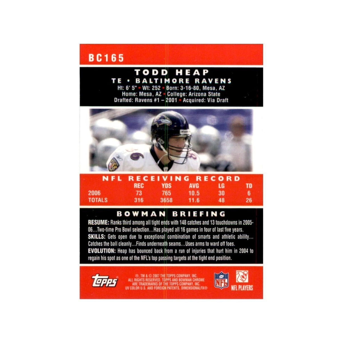 2007 Bowman Chrome Todd Heap Football Cards #BC165